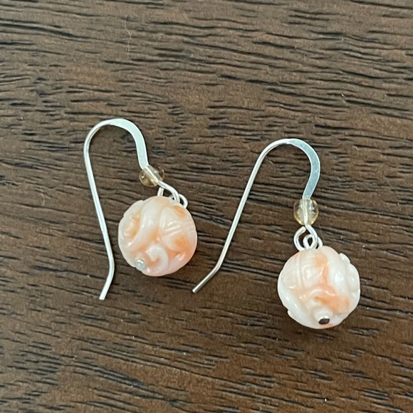Hand carved undyed angel skin coral solid sterling silver drop hoop earrings - Picture 6 of 7